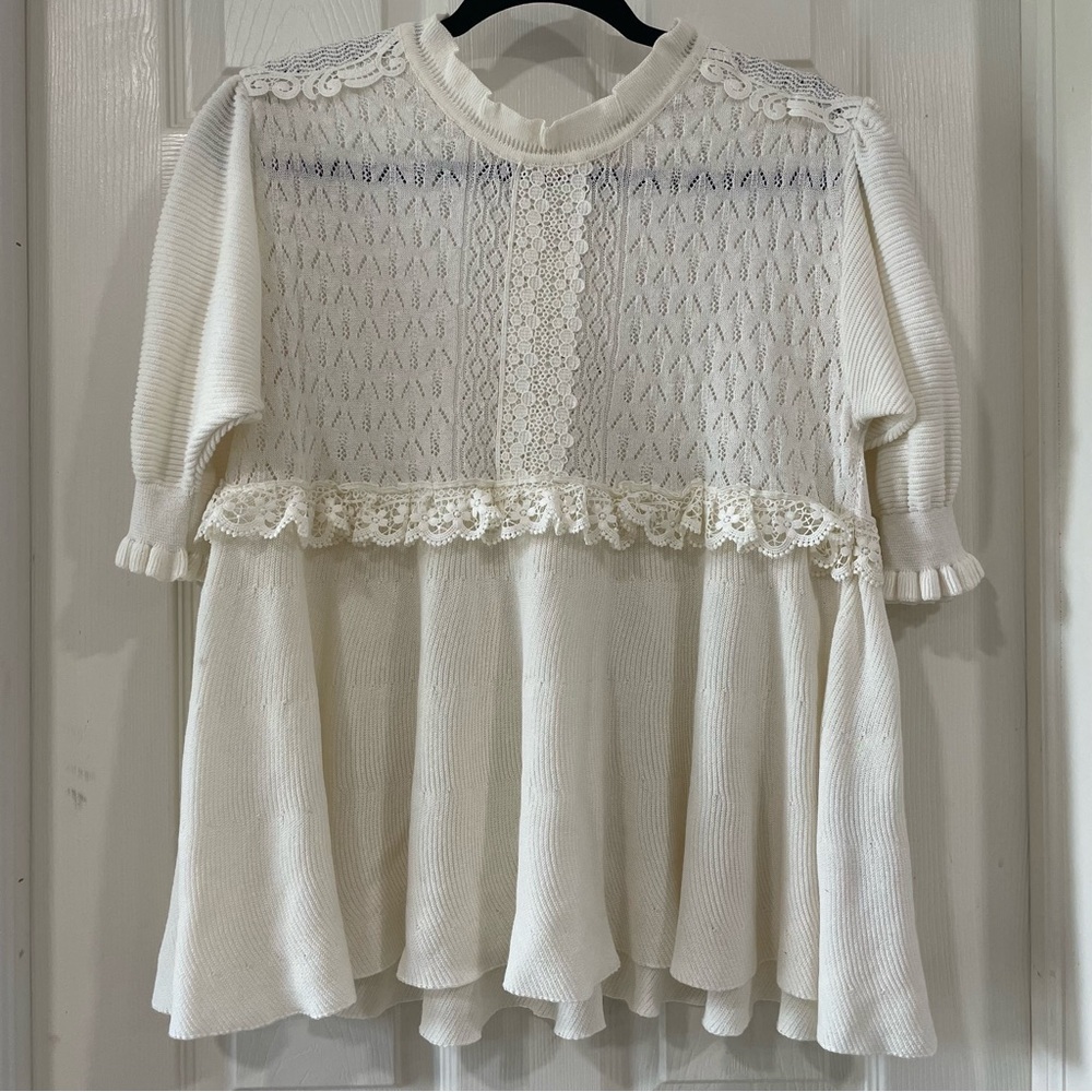Zara Mixed Pointelle Lace Cream Knit  Top